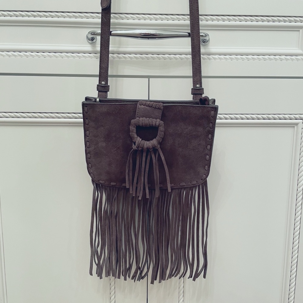 Massimo Dutti Gray Suede Crossbody Bag Fringe NWT